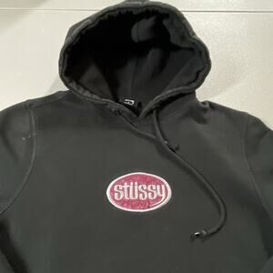 STUSSY Oval Logo Applique Pullover Black Hoodie Sweatshirt Sz Small Skater Skate
